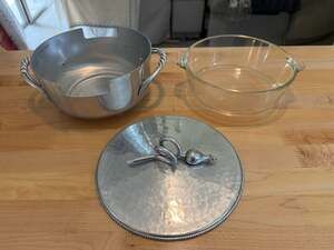 Vintage Buenilum Aluminum Covered Casserole Dish with Pyrex Glass Insert
